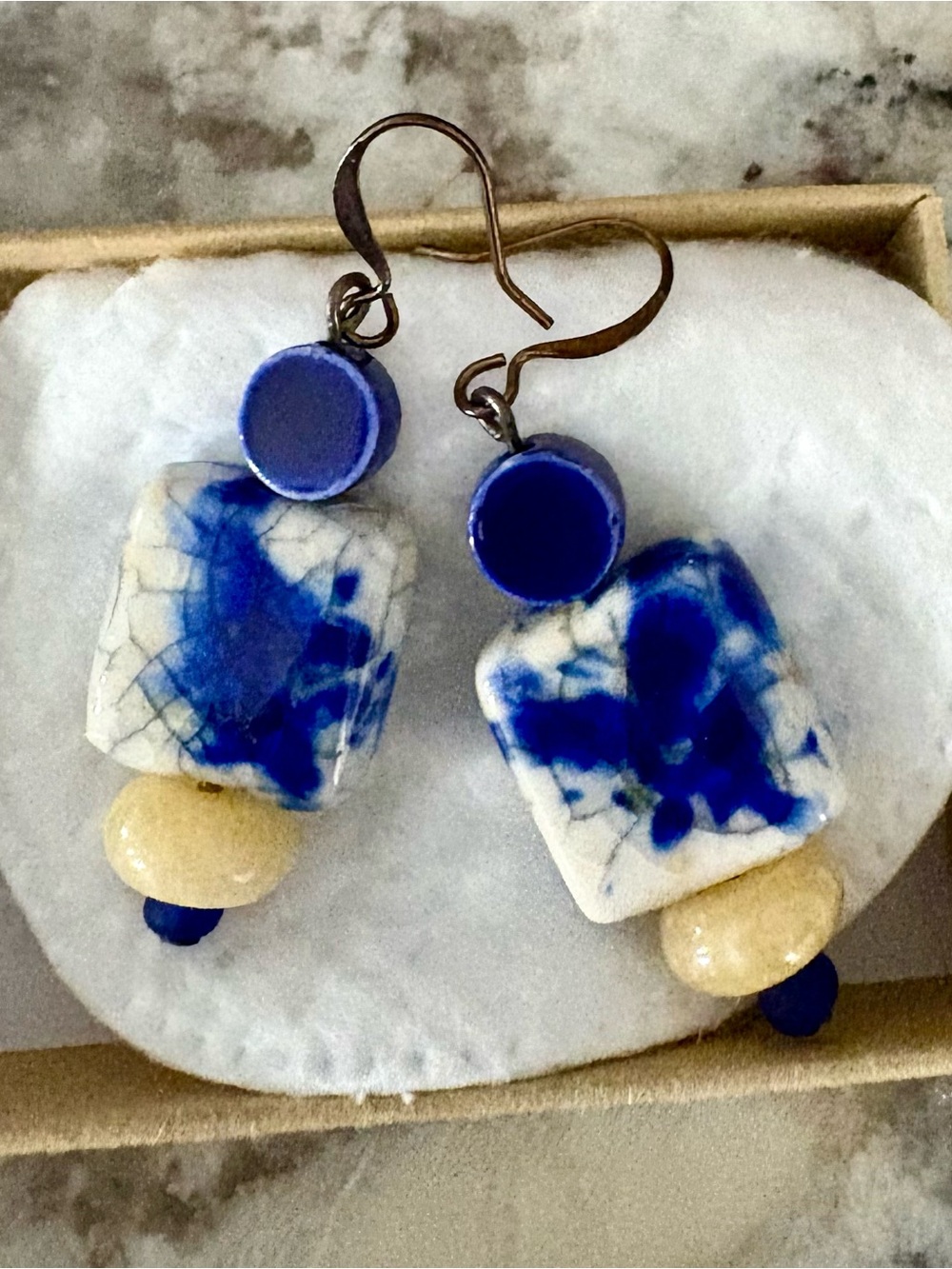 Handmade Blue and Cream Ceramic Drop Earrings